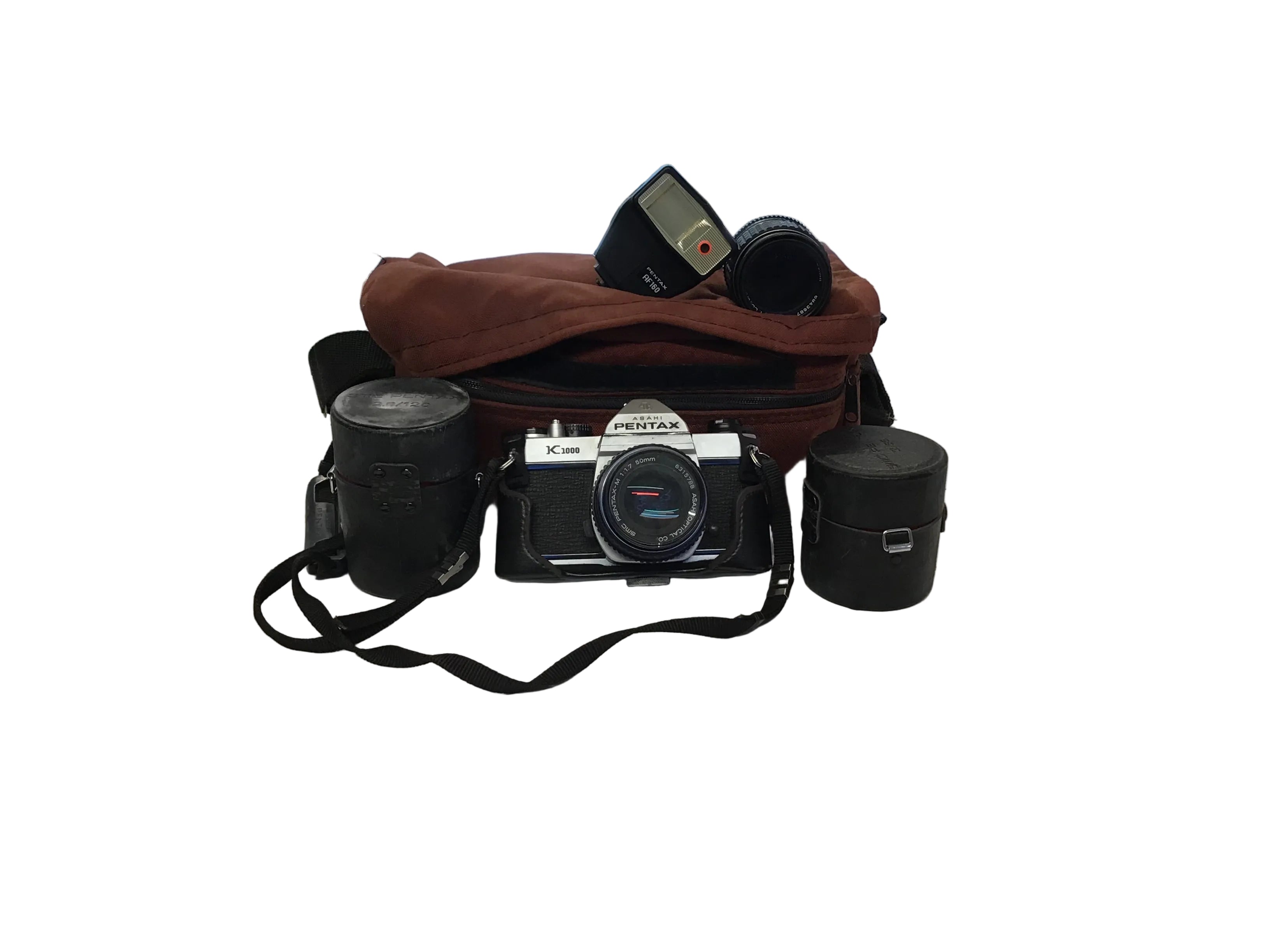 Pentax K1000 SLR 35mm camera with 50mm f/ 1.7 Lens, 120mm f/2.8 lens, Flash, and Camera Bag